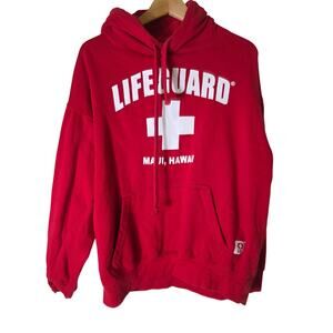 MAUI HAWAII Red White Lifeguard Active Heavy Outdoor Pullover Hoodie SZ L